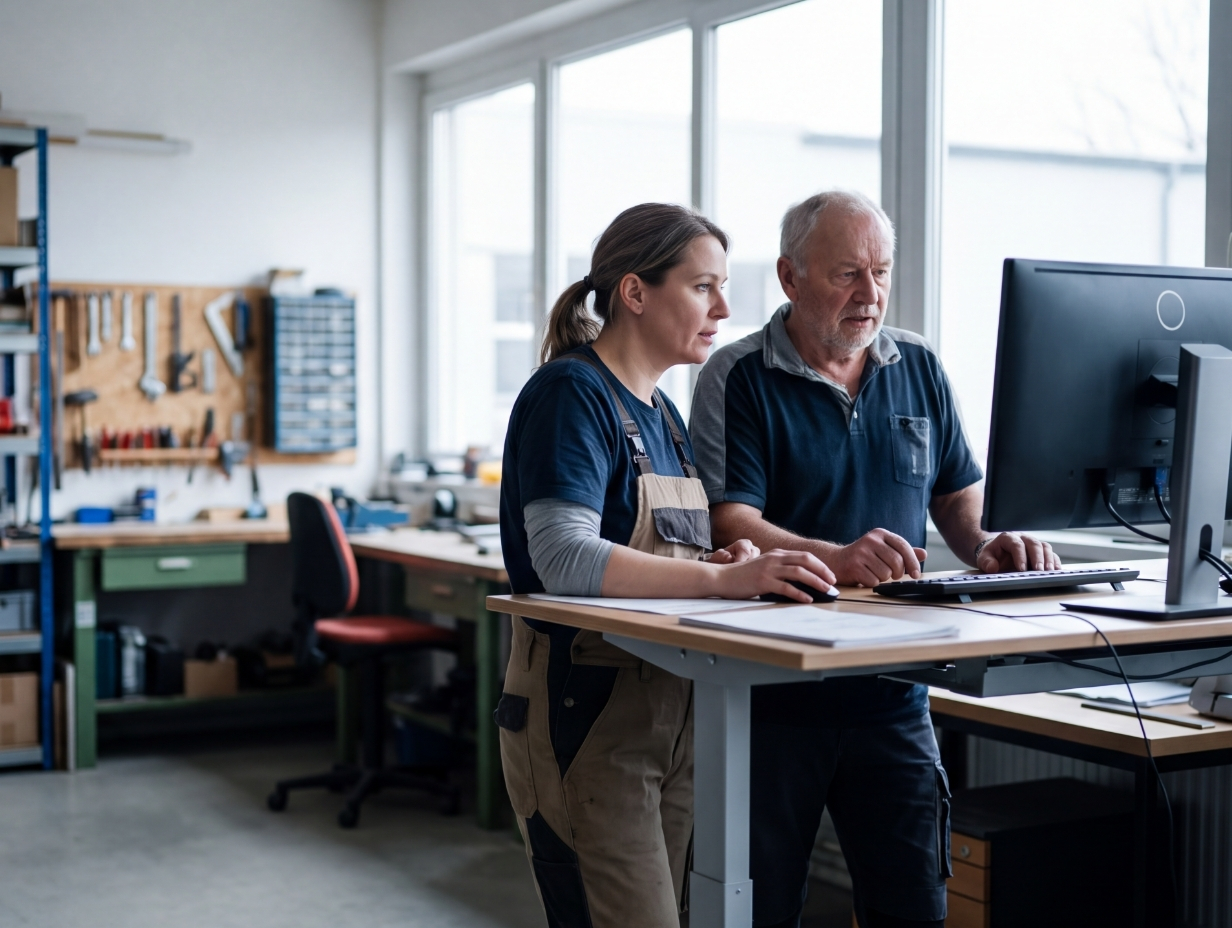Betriebsleiterin und Meister besprechen an einem Bildschirm im Werkstattbüro einen wiederkehrenden Arbeitsablauf.